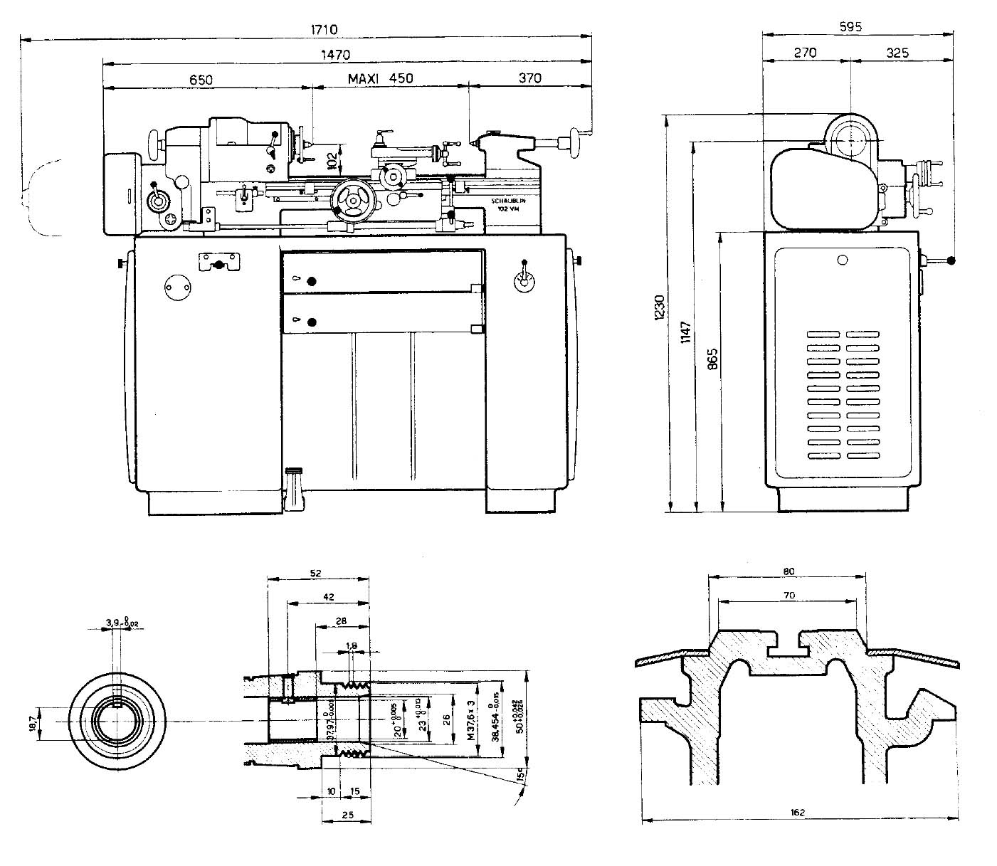 Габарити робочого простору токарного верстата Schaublin 102 vm Schaublin 102 vm Верстат токарно-гвинторізний. Габарити робочого простору